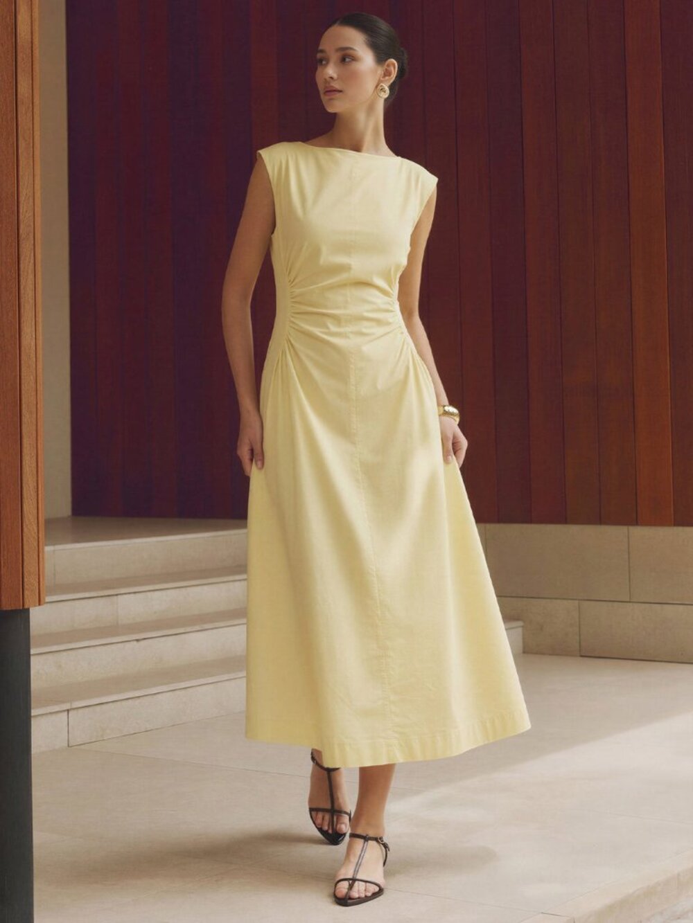 New York & Co Yellow Side Panel V-Neck Back Midi Dress - L